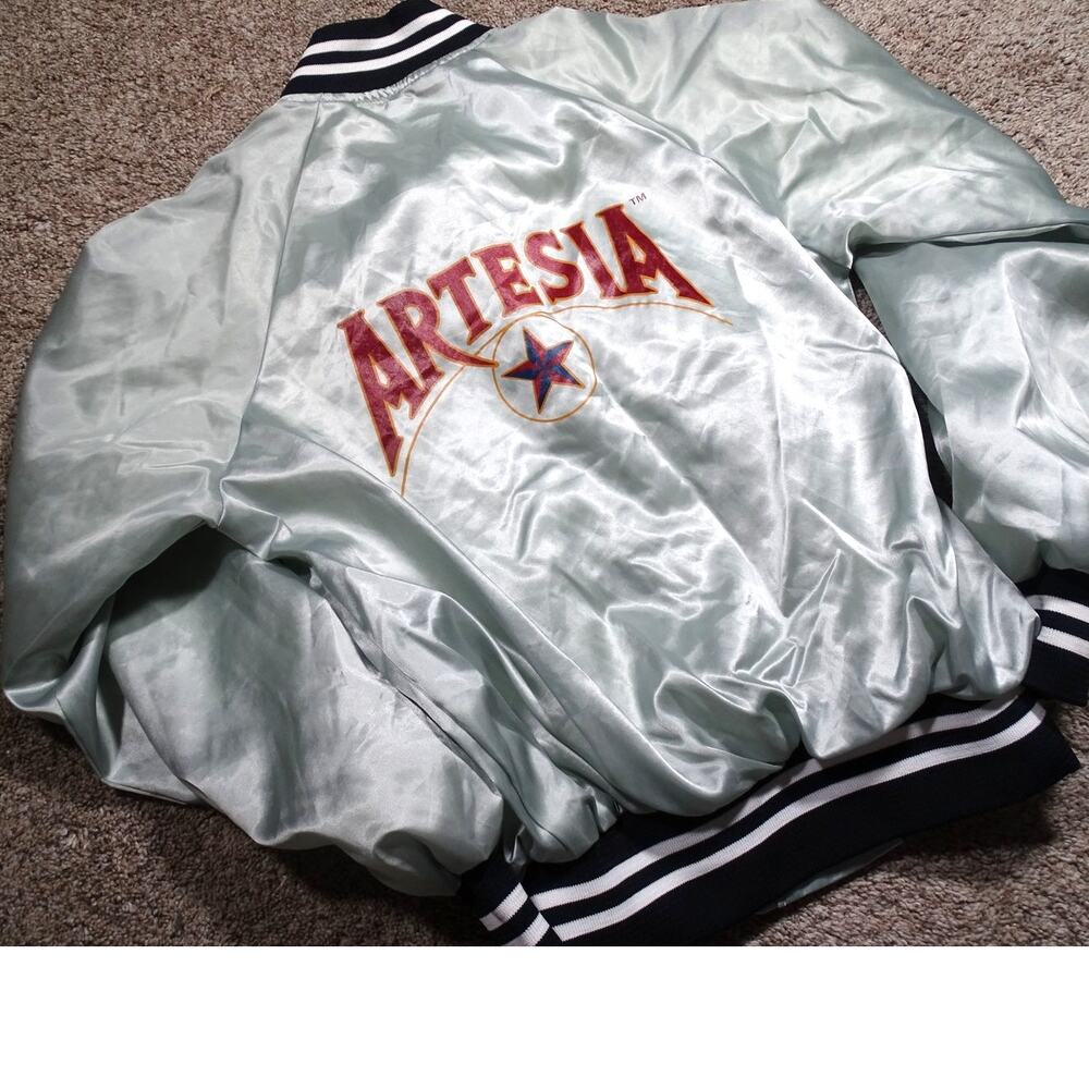 Vtg 80s ARTESIA USA Made Satin Bomber Jacket Silver Snap-Up Varsity Size Small